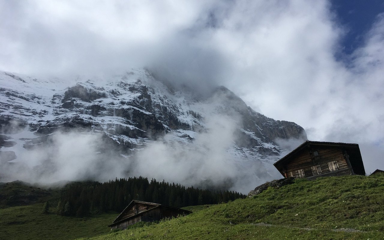 In den Berner Alpen erhebt sich die mächtige Eiger-Nordwand über den Wanderern.