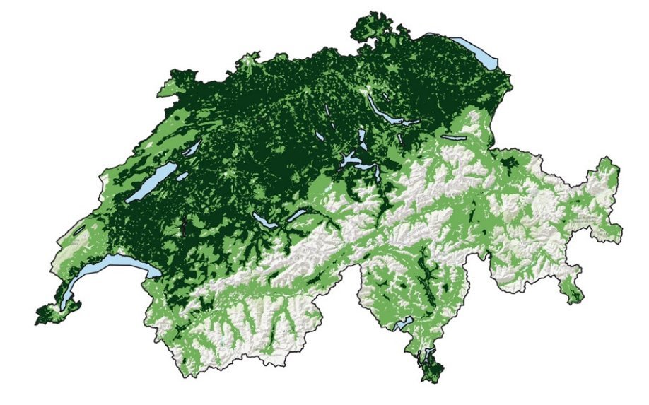 Die dunkelgrünen Gebiete sind für den Goldschakal «besonders gut geeignet», die hellgrünen wurden als «geeignet» eingestuft. 