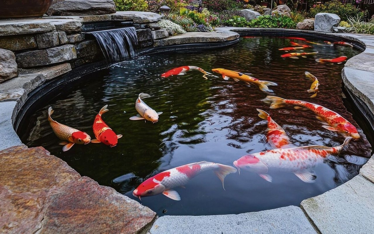 Sauerstoff gelangt durch den Wasserfall in den Koiteich.