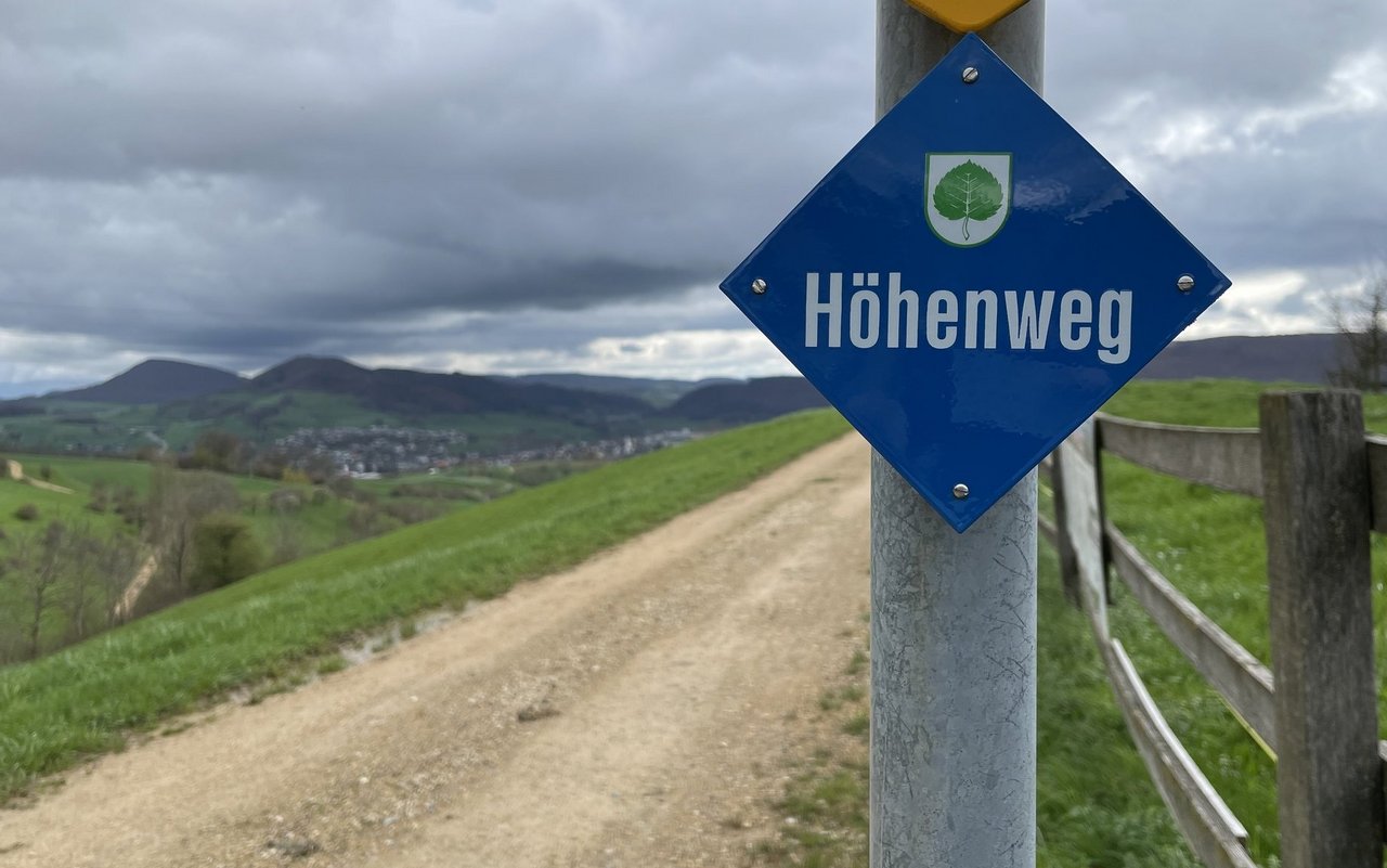 Auf dem Fricktaler Höhenweg folgen Wanderer blauen Wegweisern, verziert mit einem grünen Lindenblatt. 
