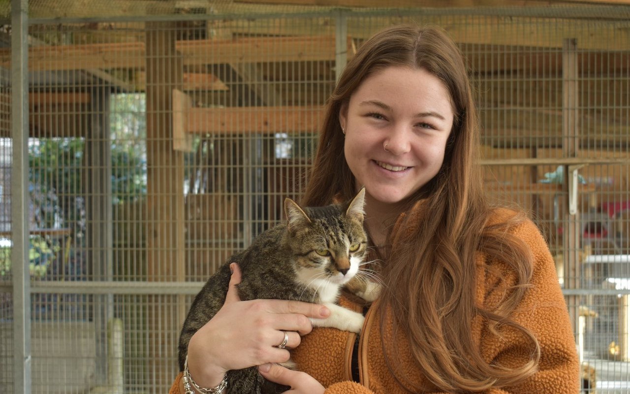 Sheryl Helbling im Januar mit einer Katze an ihrem Arbeitsplatz, dem Tierheim Burg.