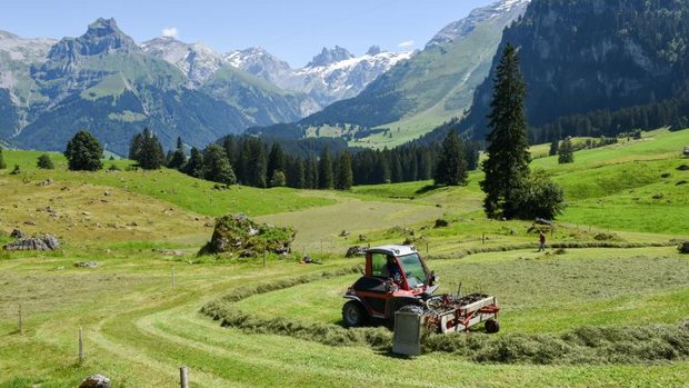 Bauer sammelt in Engelberg auf Traktor Heu ein