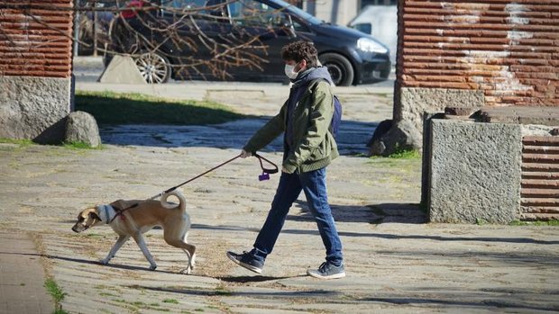 Mann geht mit Hund Gassi in Italien und trägt Schutzmaske