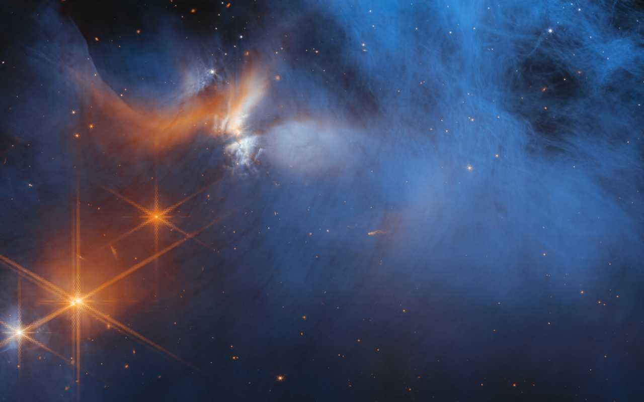 Dieses Bild der Nah-Infrarot-Kamera des James Webb-Weltraumteleskops zeigt die zentrale Region der dunklen Molekülwolke Chameleon I. Die Lichter der zahlreichen Hintergrundsterne sind als orangefarbene Punkte hinter der Wolke zu erkennen.