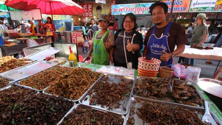 In vielen Ländern Asiens gehören verschiedene der über 1900 essbaren Insektenarten zum normalen Nahrungsangebot und werden auf Strassenmärkten verkauft.