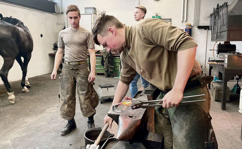 Nach einem Trainingseinsatz sind die Freiberger Pferde der Train-Einheit durstig (oben). In der Hufschmiede der Kaserne (unten) werden die Pferdehufe neu beschlagen.