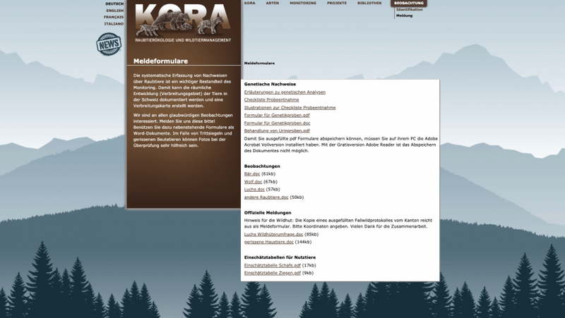 Meldeseite der Kora