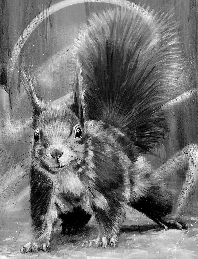 Das Eichhörnchen springt gleich aus dem Bild.