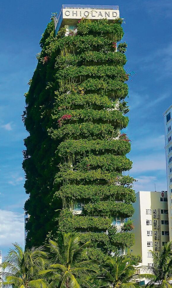 Wie schön wäre es, wenn die Hochhäuser in der Schweiz auch so begrünt wären wie dieser Bau in Vietnam. Vertikale Flächen hat es genug, zum Beispiel auf privaten Balkonen (links).