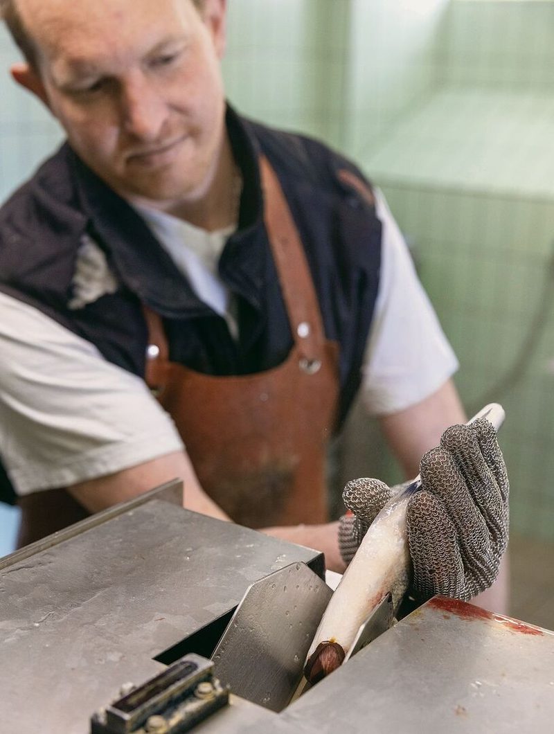 Die Verarbeitung der Fische geschieht teils von Hand, teils maschinell.