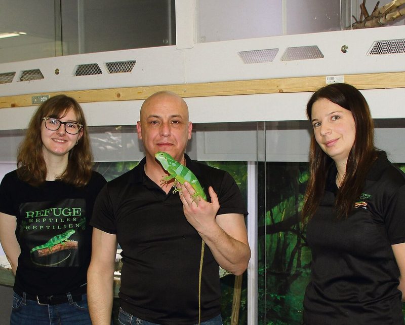 Leia Landry und Carlos und Sandrine Rodriguez setzen sich ehrenamtlich für Reptilien ein, so wie etwa für den Gebänderten Fidschi-Leguan.