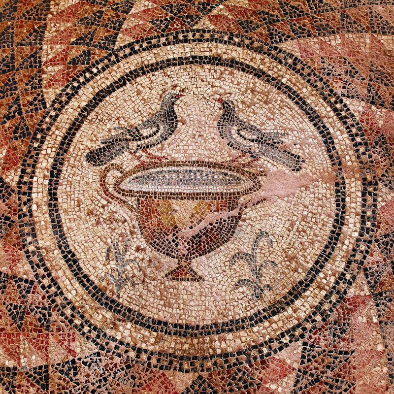 Auf dem römischen Mosaik in Antandrus in der Türkei sind Tauben darstellt. Die Anfänge der Taubenzucht reichen weit zurück.